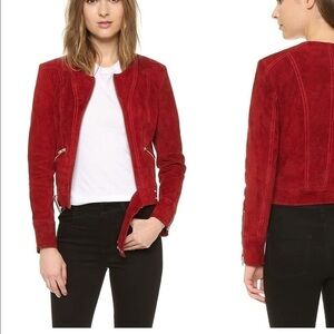 IRO Tatiana Red Suede Leather Jacket Silver Zippers Buckle Belt Fall Size 8 (40)